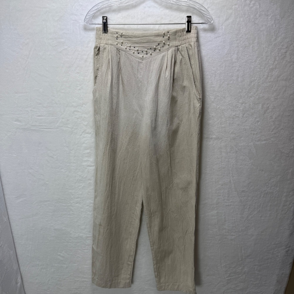 Saint Germain Paris Beige Cotton Elastic Waist Pants Made in USA Small